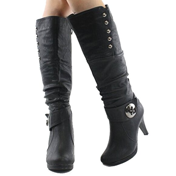 Top Moda Metallic Buckle Knee-High Slouchy Faux Leather Studded Women's Boots - Picture 1 of 6